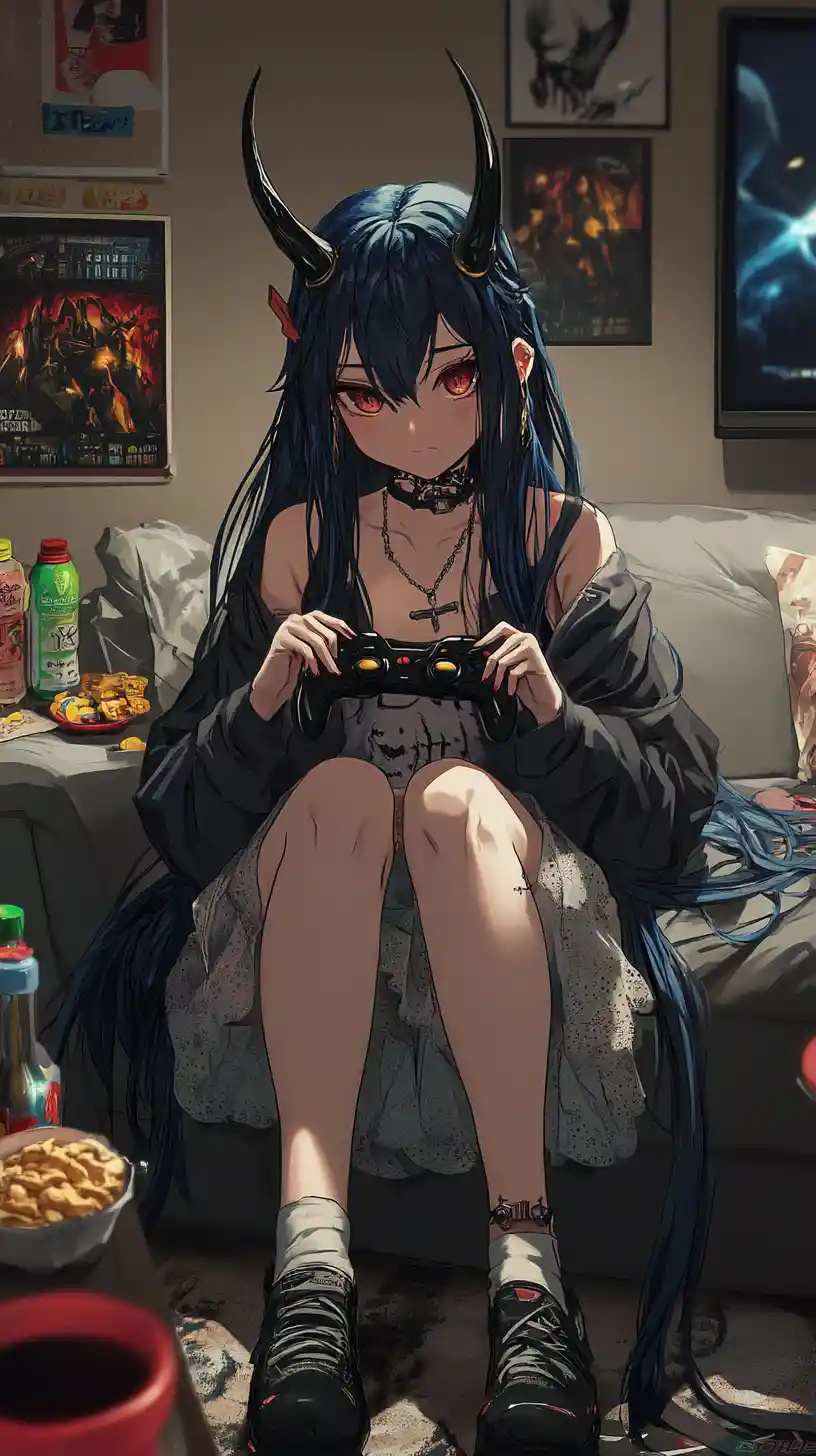 Anime girl gaming on a couch with snacks and drinks