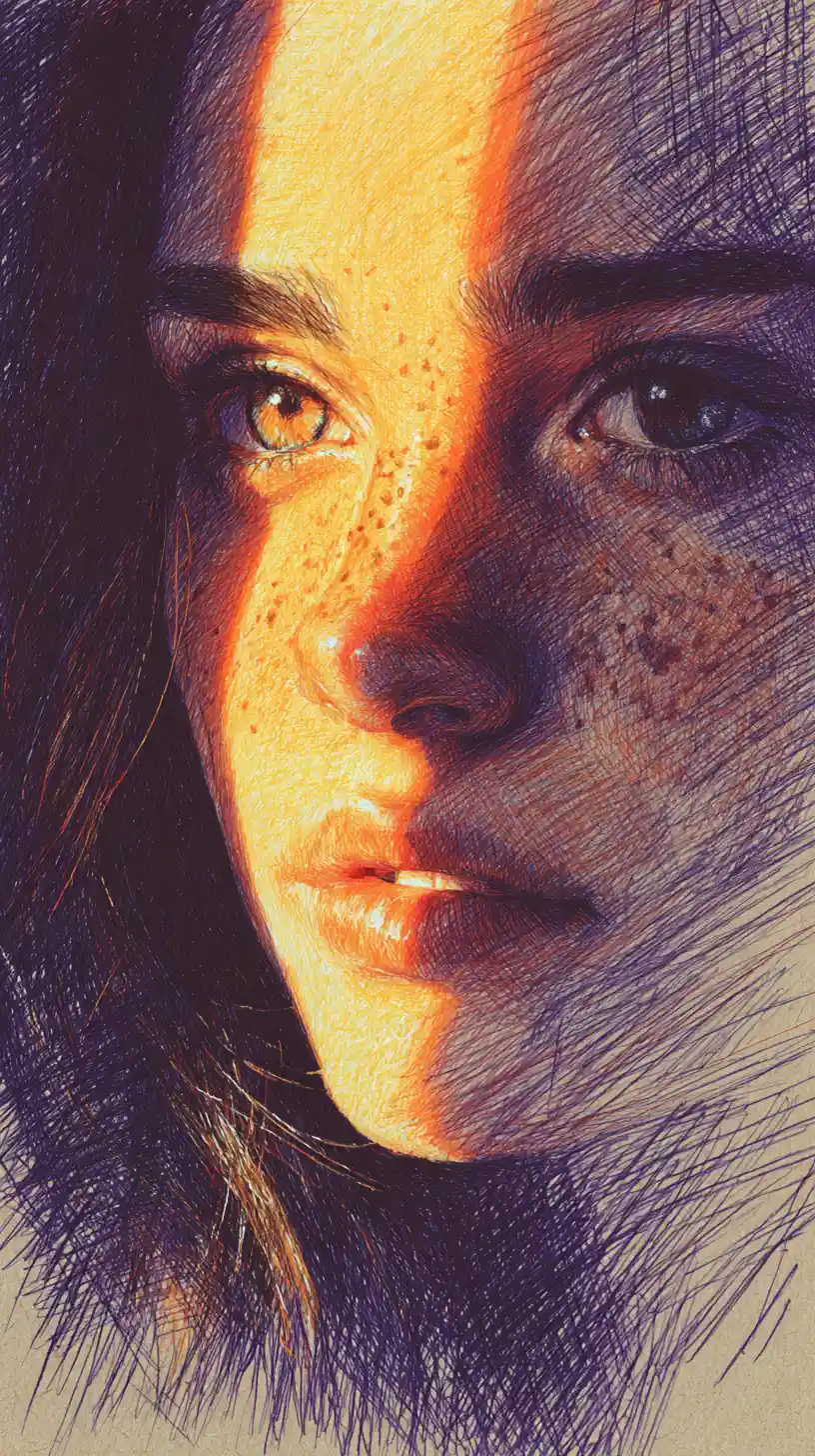 Close up colored pencil portrait of freckled girl