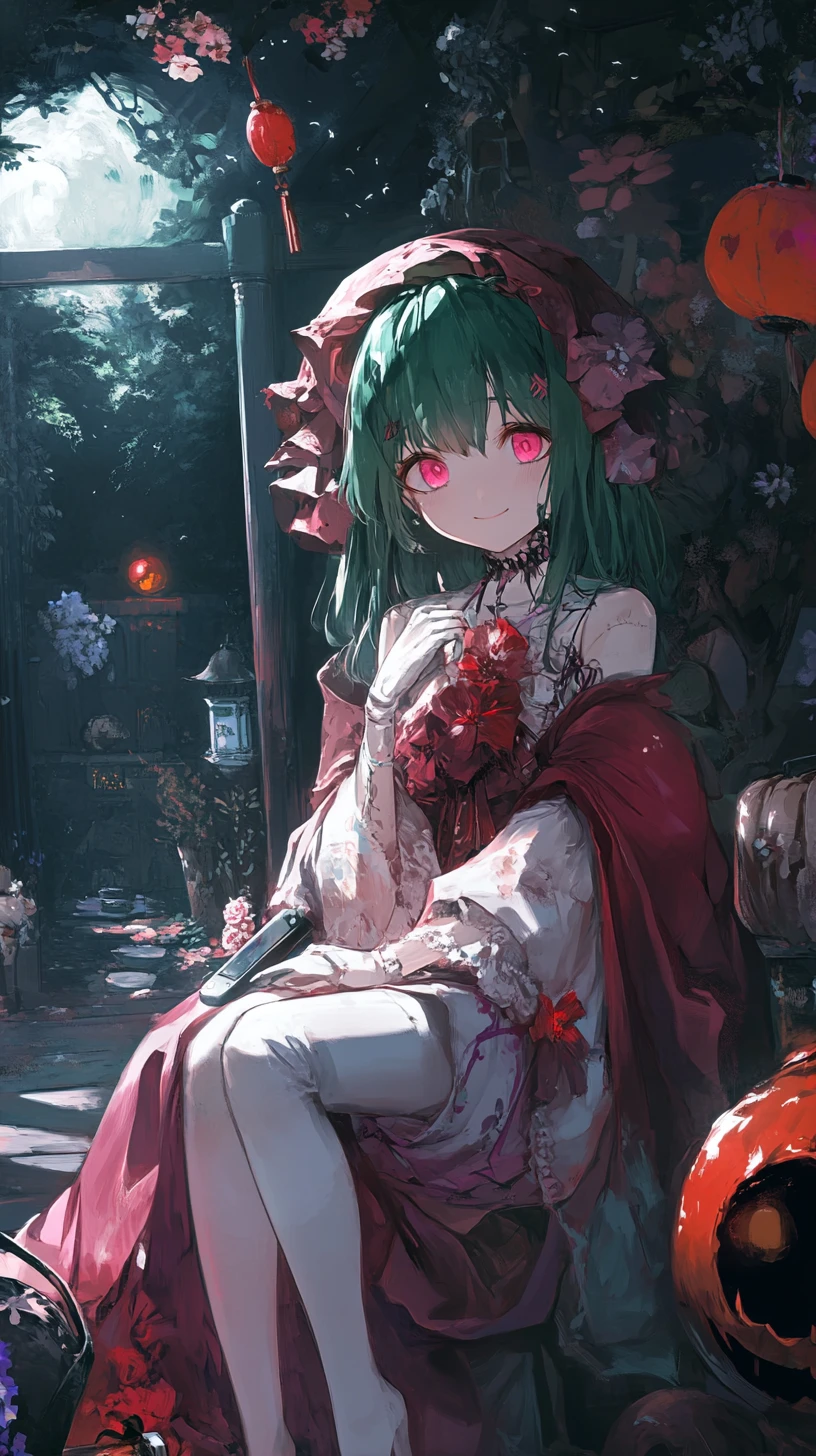 Joyful anime girl gaming at a spooky halloween party