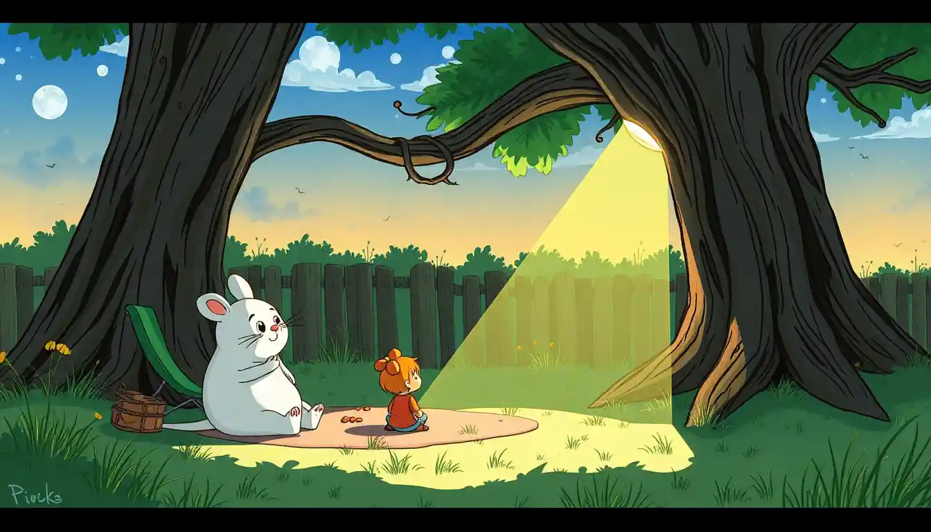 Tiny cartoon man shrunk in a whimsical forest scene