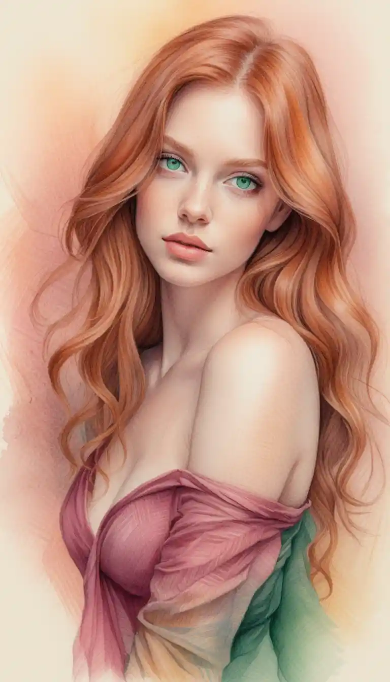 Colored pencil portrait of a woman with emerald green eyes