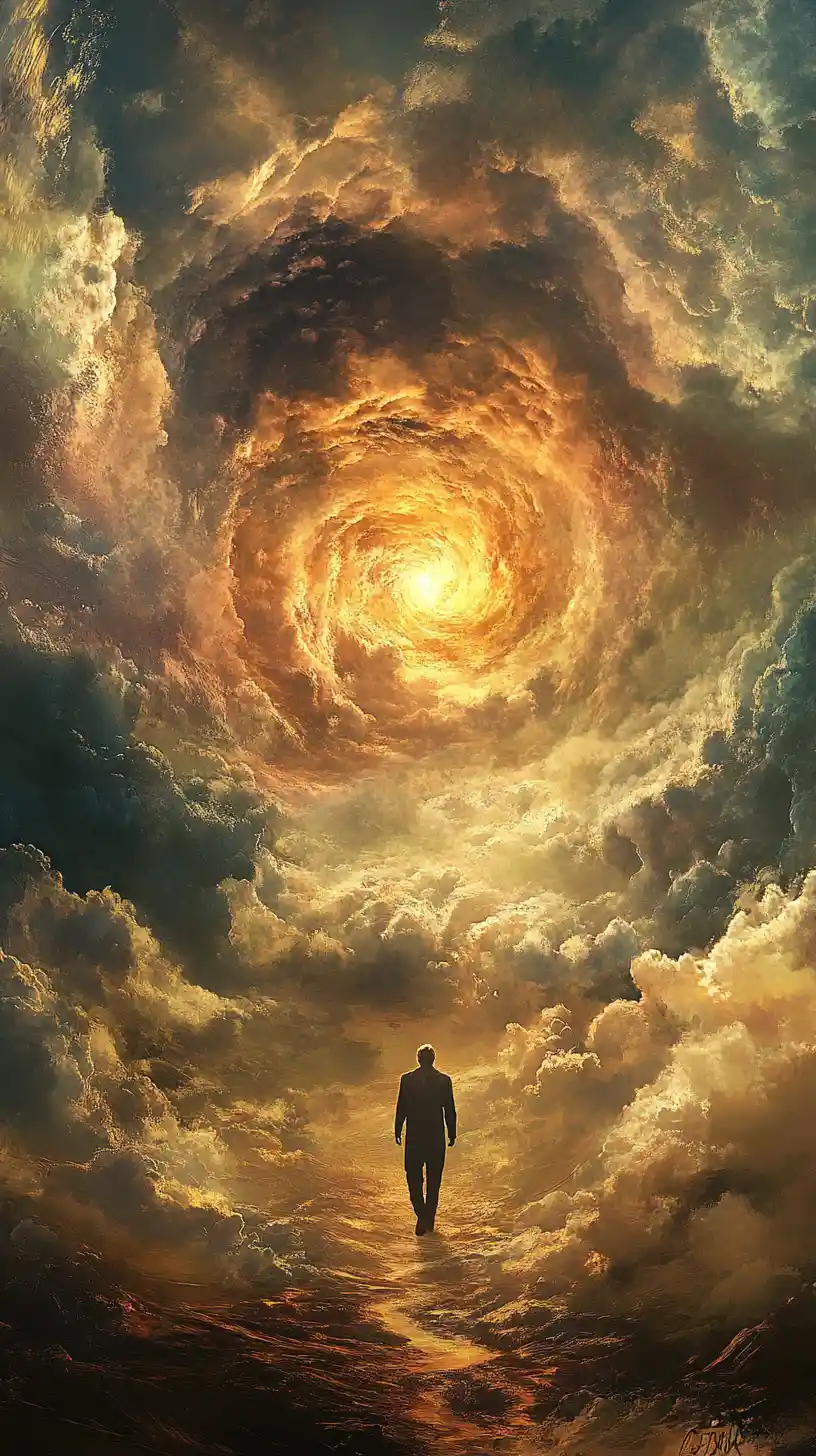 Lone man in a surreal landscape under glowing sun
