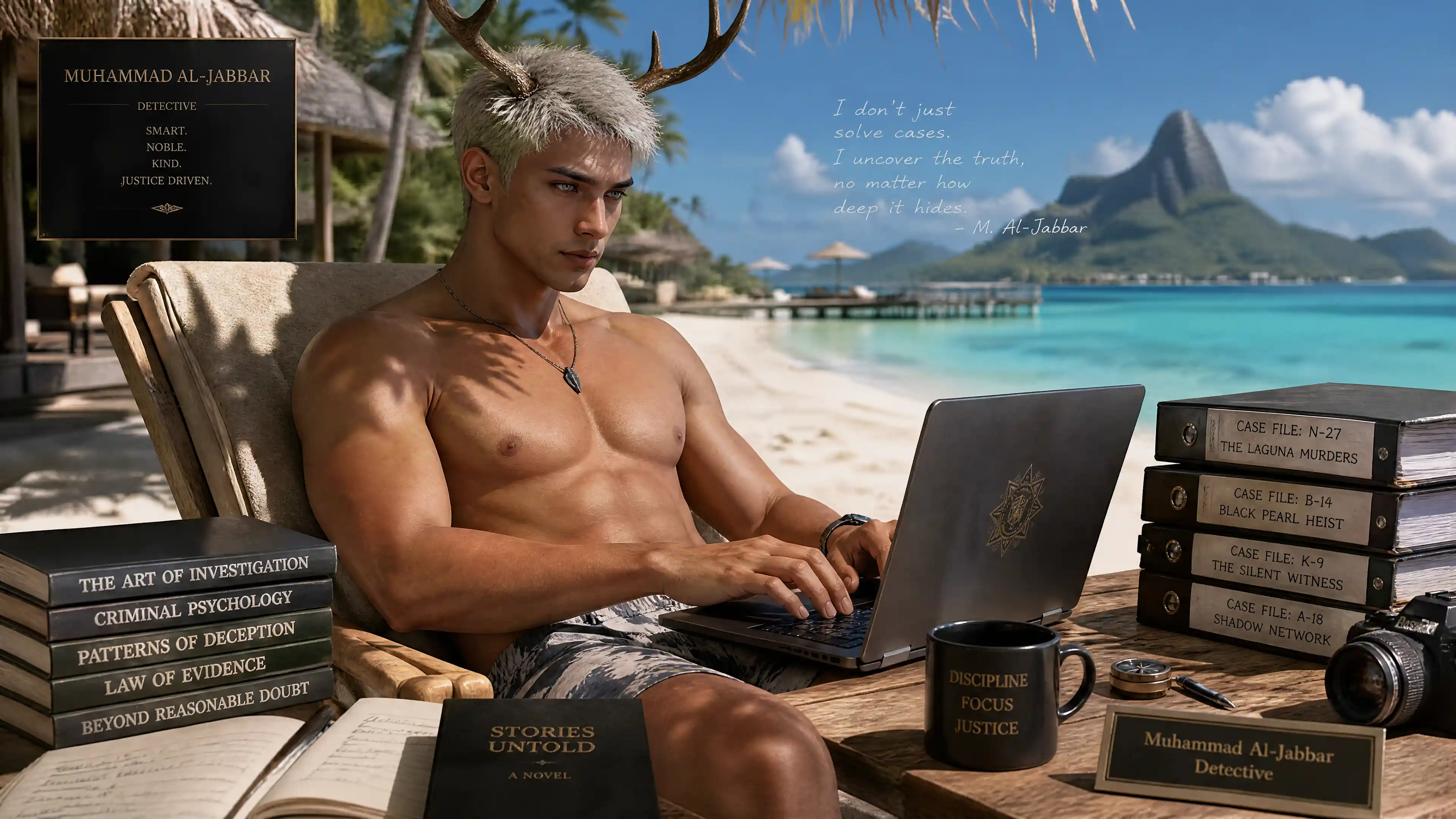 Uomo con corna che scrive al laptop su una spiaggia di lusso