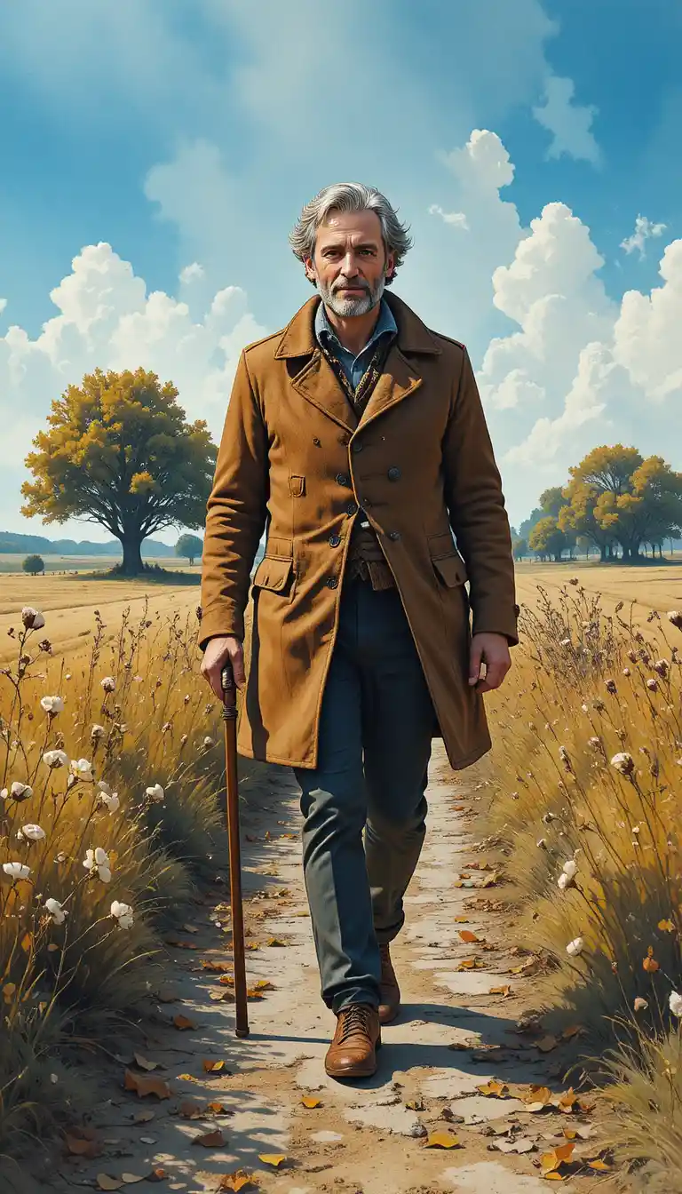 Elderly man walking with a cane through quiet autumn fields