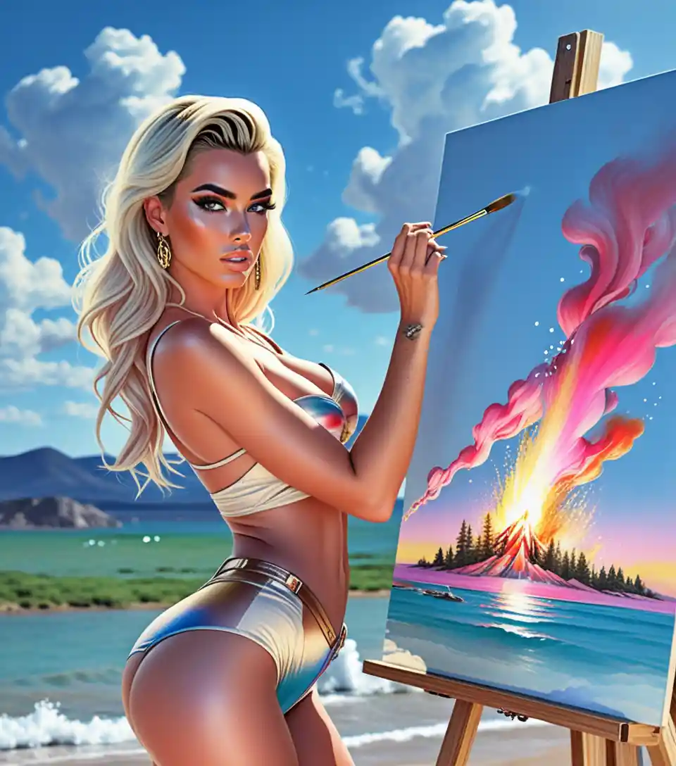 Artista rubia pintando un incendio forestal en un gran lienzo de estudio