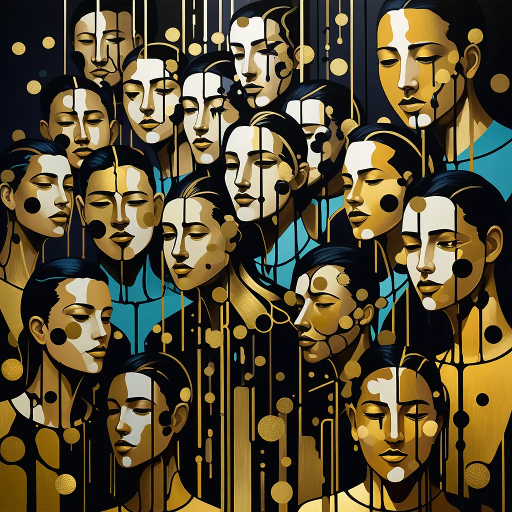 Surreal crowd of colorful human heads in abstract motion