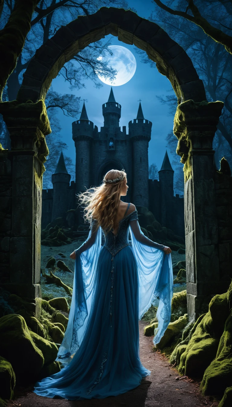 Mystical woman before ancient stone gate in moonlit forest