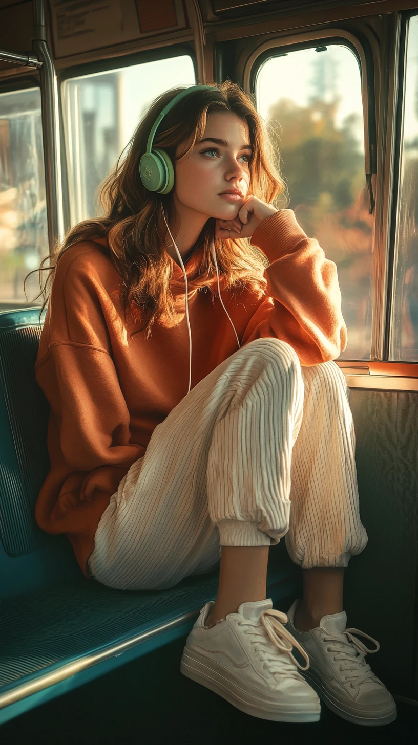 Thoughtful girl on a city bus in golden hour light