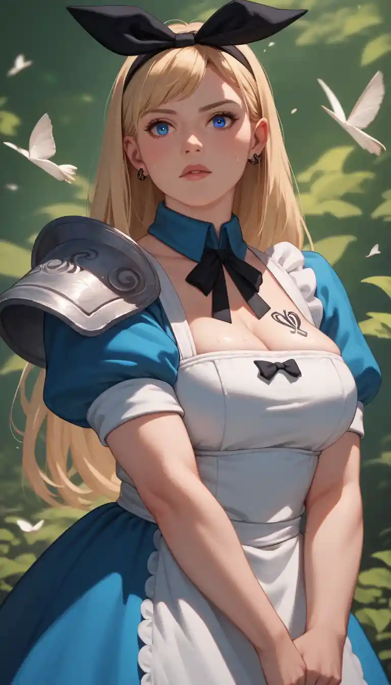 Sultry anime blonde heroine with blue eyes and armor