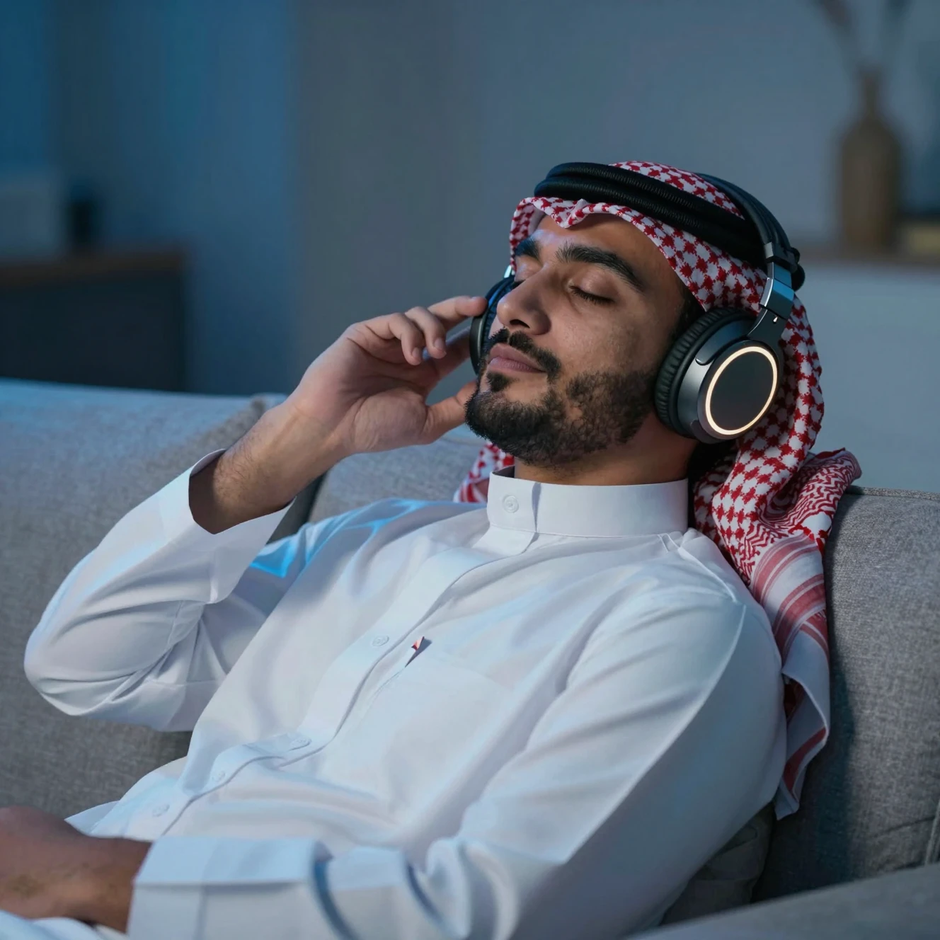 Man in thobe relaxing with glowing headphones at night