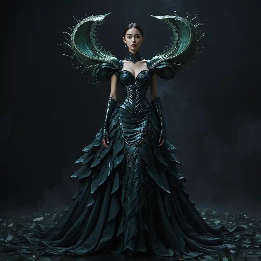Avant garde woman in sculptural venus flytrap gown