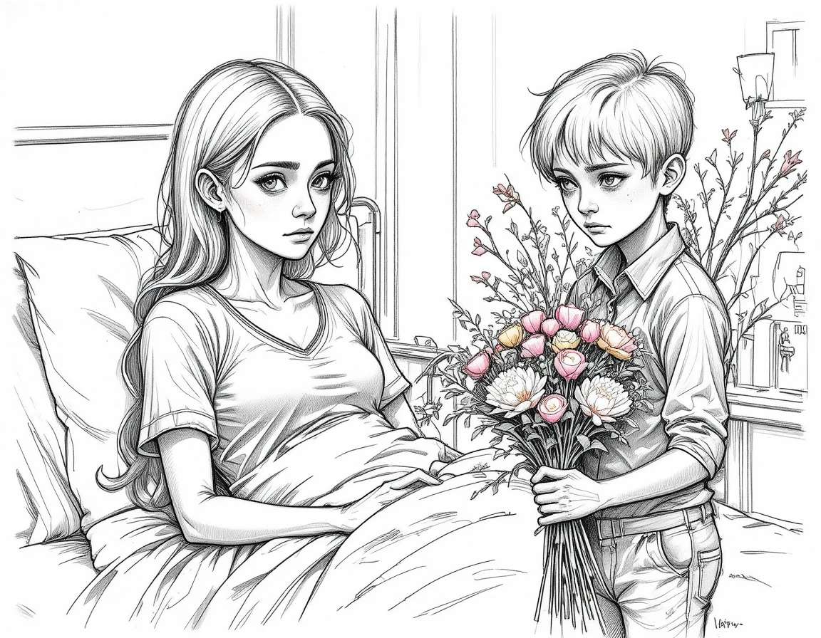 Sick young mother comforted by her son in hospital