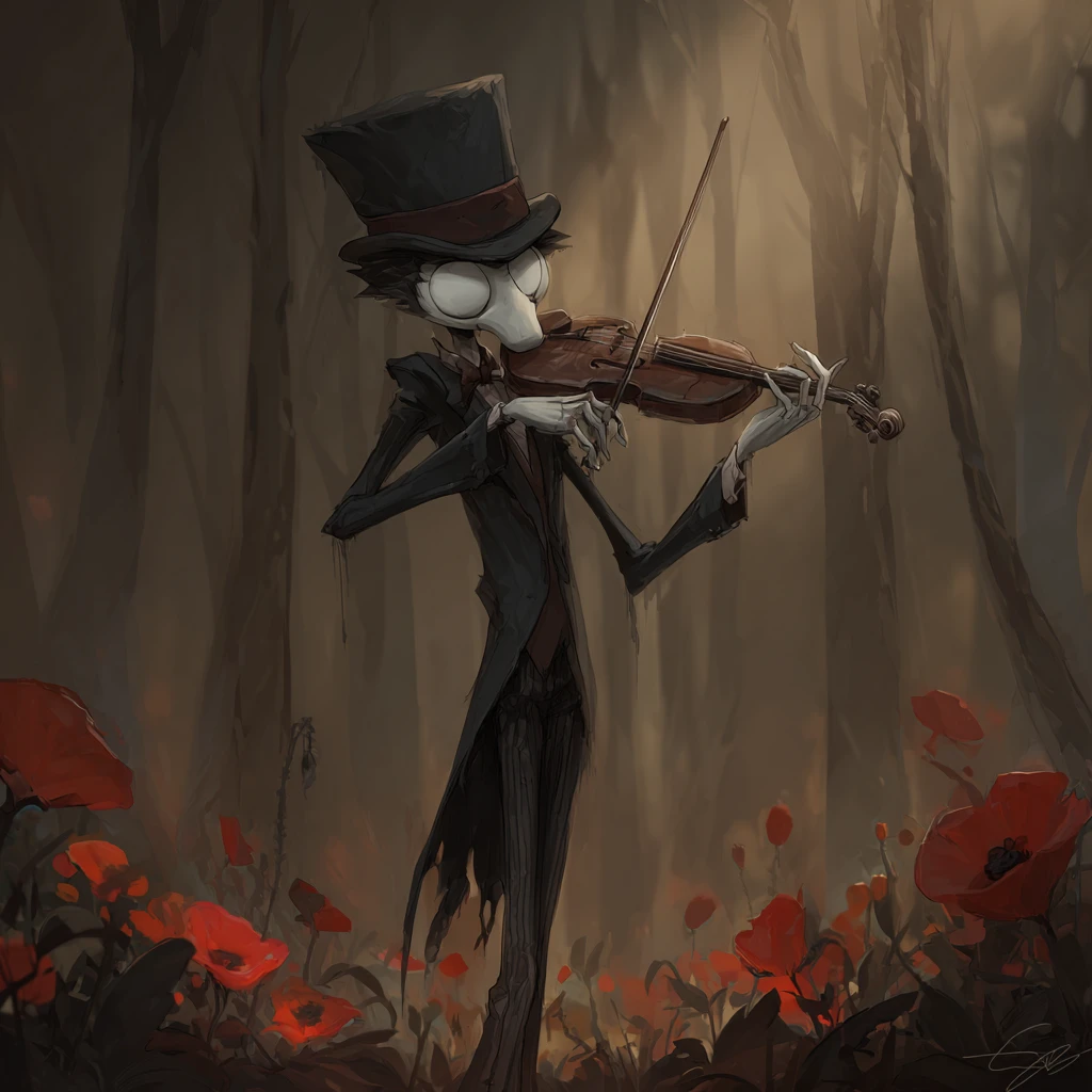 Ghostly violinist and giant bug in a misty forest