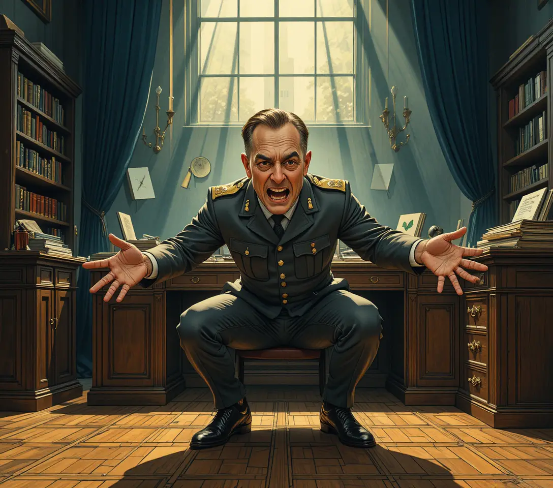 Art nouveau officer in distress in a dim military office