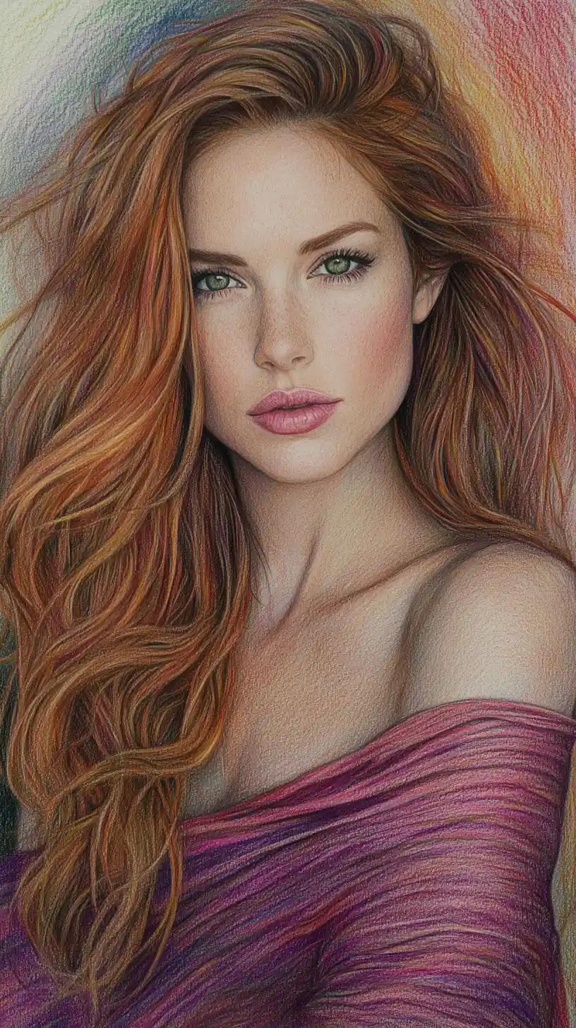 Colored pencil portrait of a woman with emerald green eyes