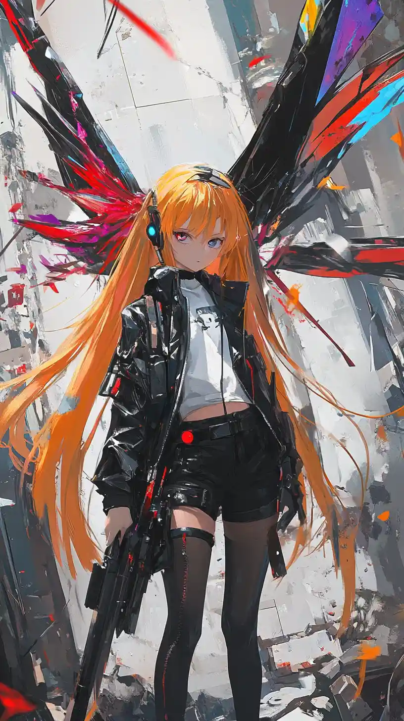 Anime girl warrior with crystal sword in ruined wall