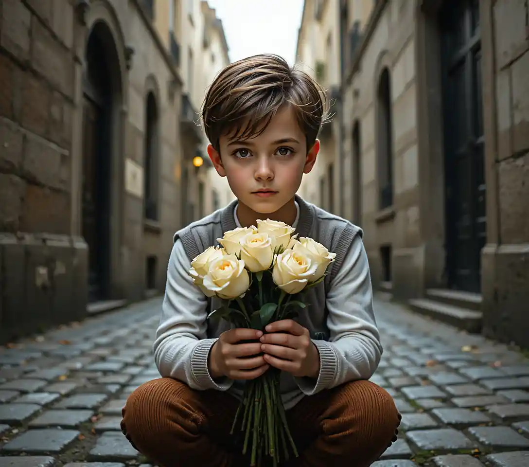 Parisian boy holding white roses in a quiet alley