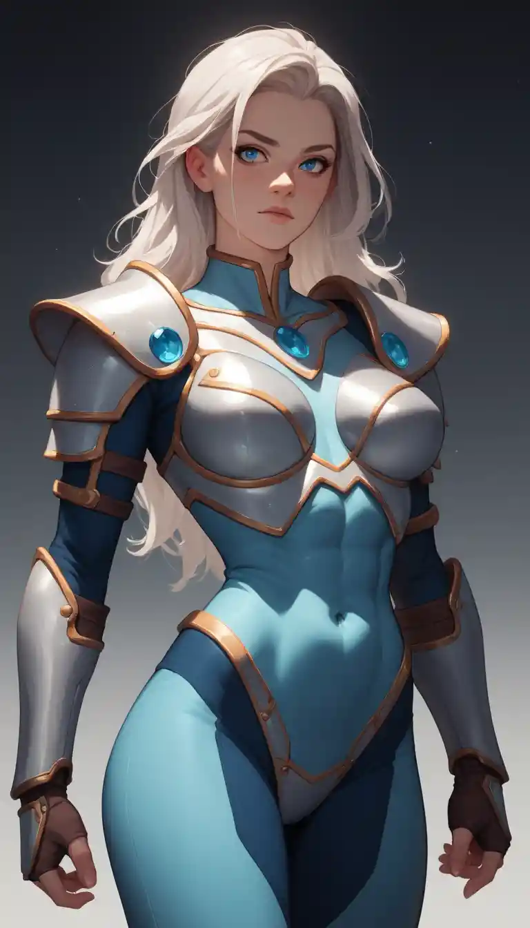 Armored anime heroine with wild platinum hair