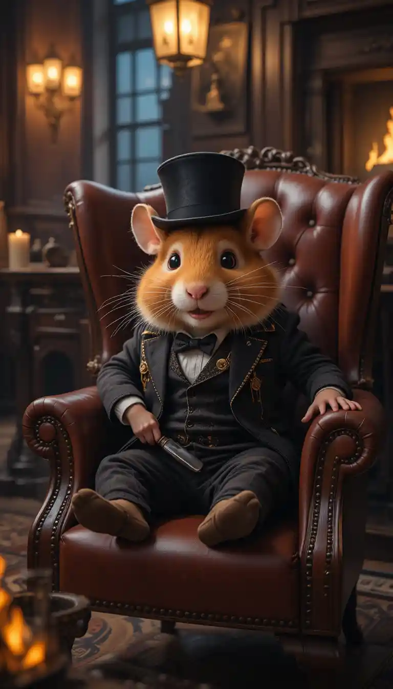 Victorian hamster gentleman relaxing by the fireplace