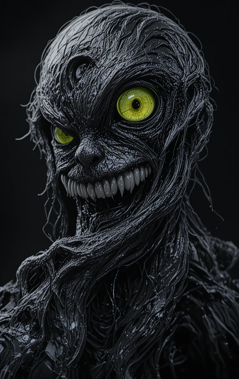 Grotesque monster with glowing eyes in black void