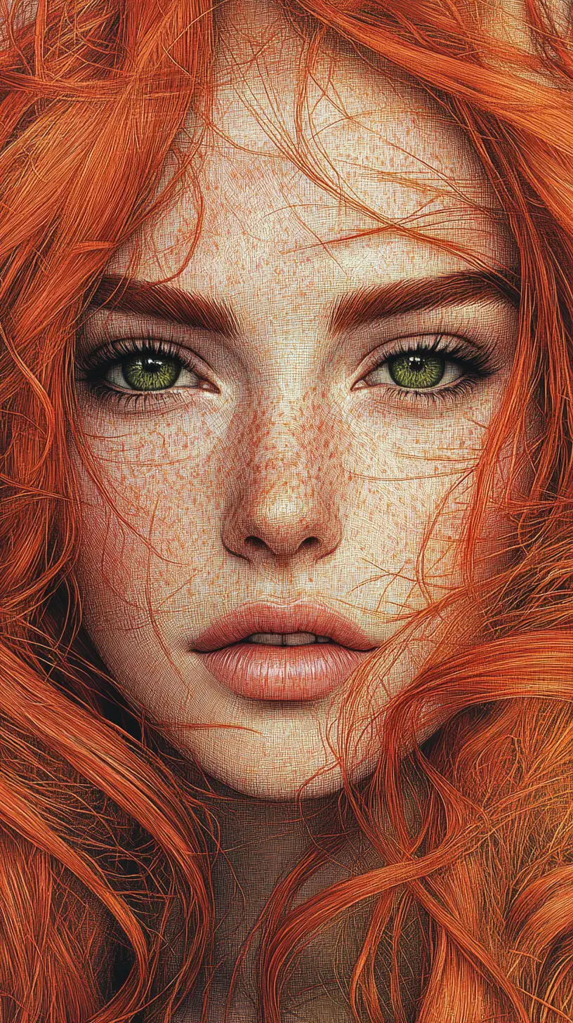 Freckled red haired woman line art portrait close up