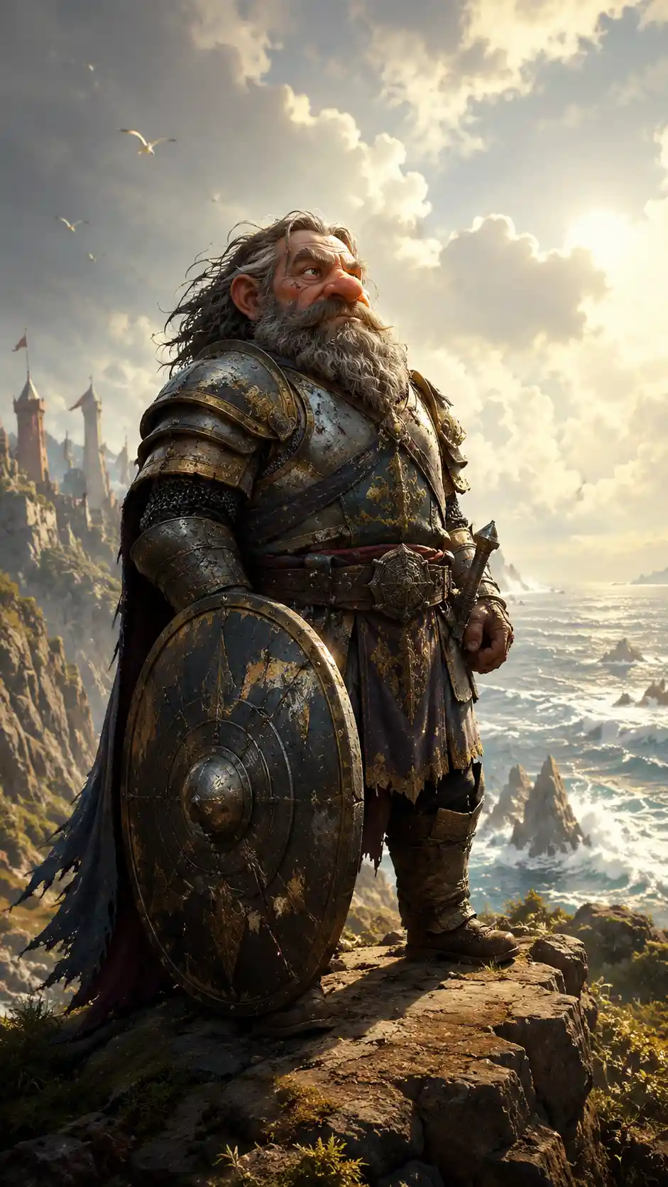 Battle worn dwarf knight on a stormy sea cliff