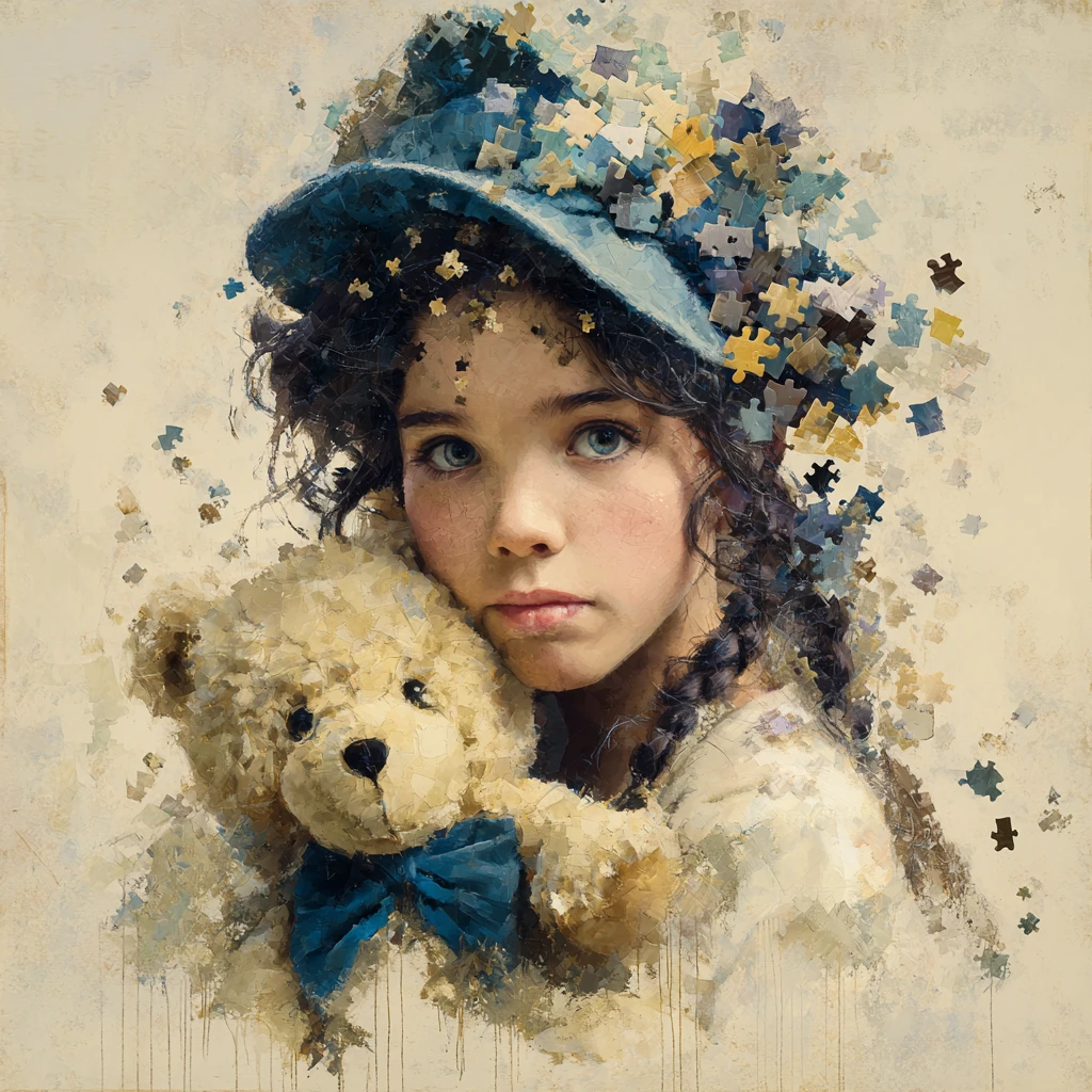 Young girl with teddy bear in puzzle piece hats