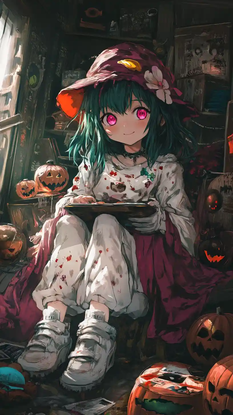 Joyful anime girl at a Halloween party with ghosts