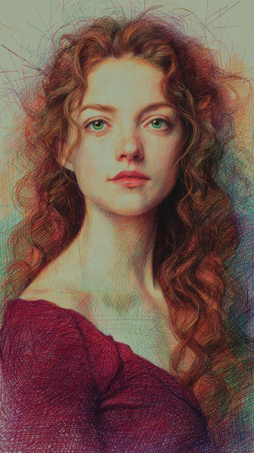 Colored pencil portrait of a woman with emerald green eyes