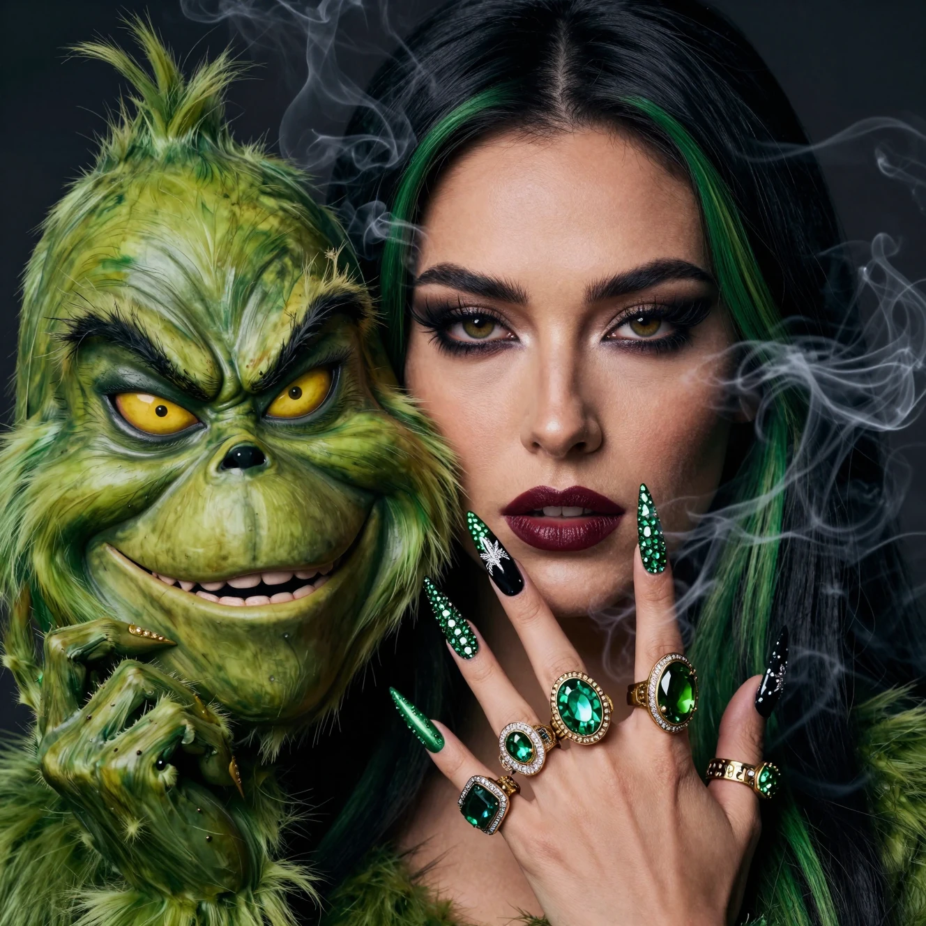 Mysterious woman with green hair holding a grinning mask
