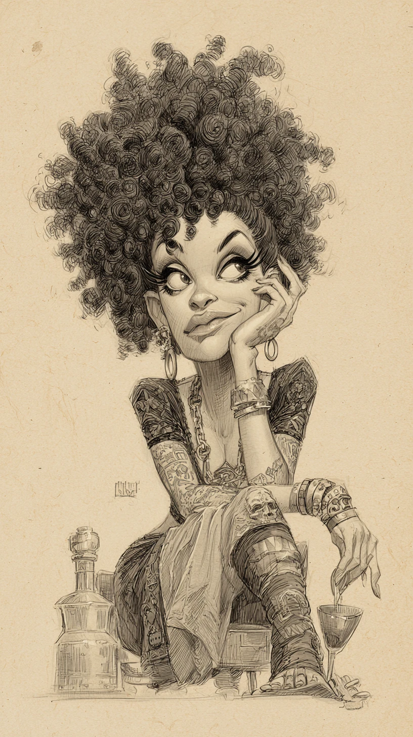 Charcoal caricature of a woman with large curly afro hair