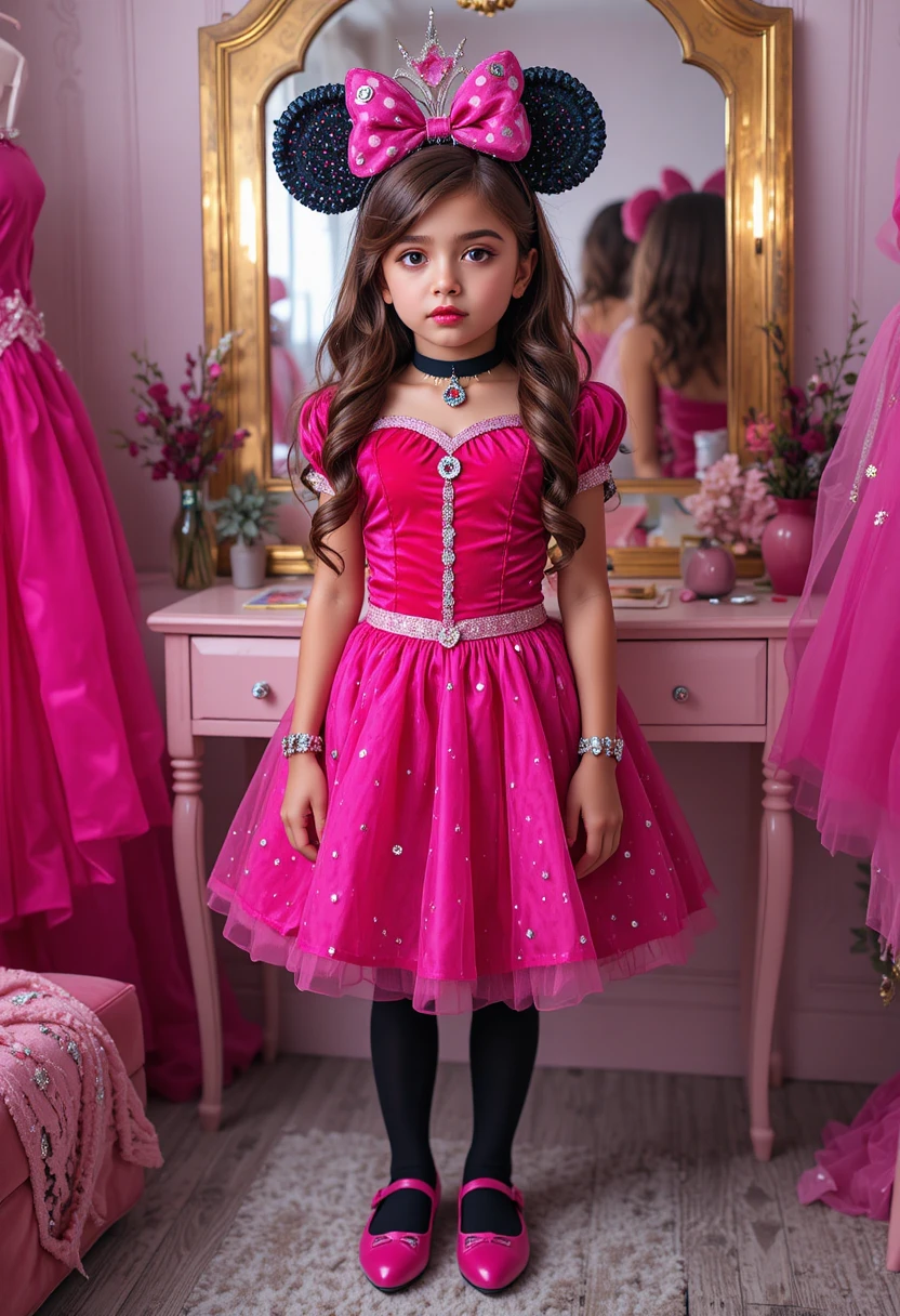 Tween boy in princess costume before a vanity mirror