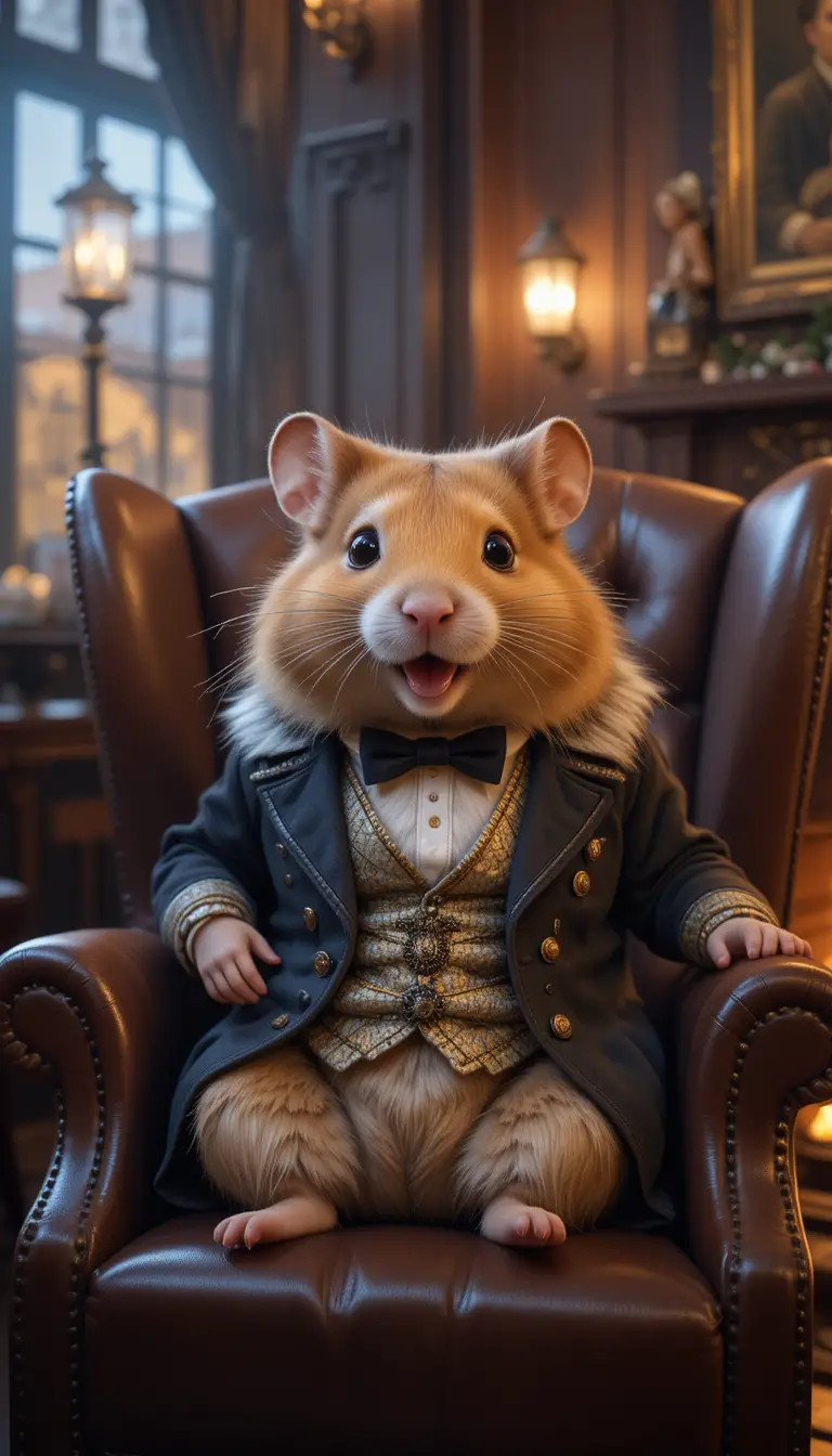 Cheerful Hamster Gentleman Relaxing By The Fireplace