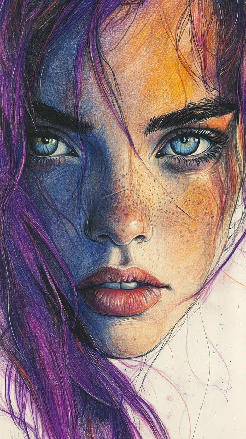 Color pencil portrait of a freckled woman in warm sunlight