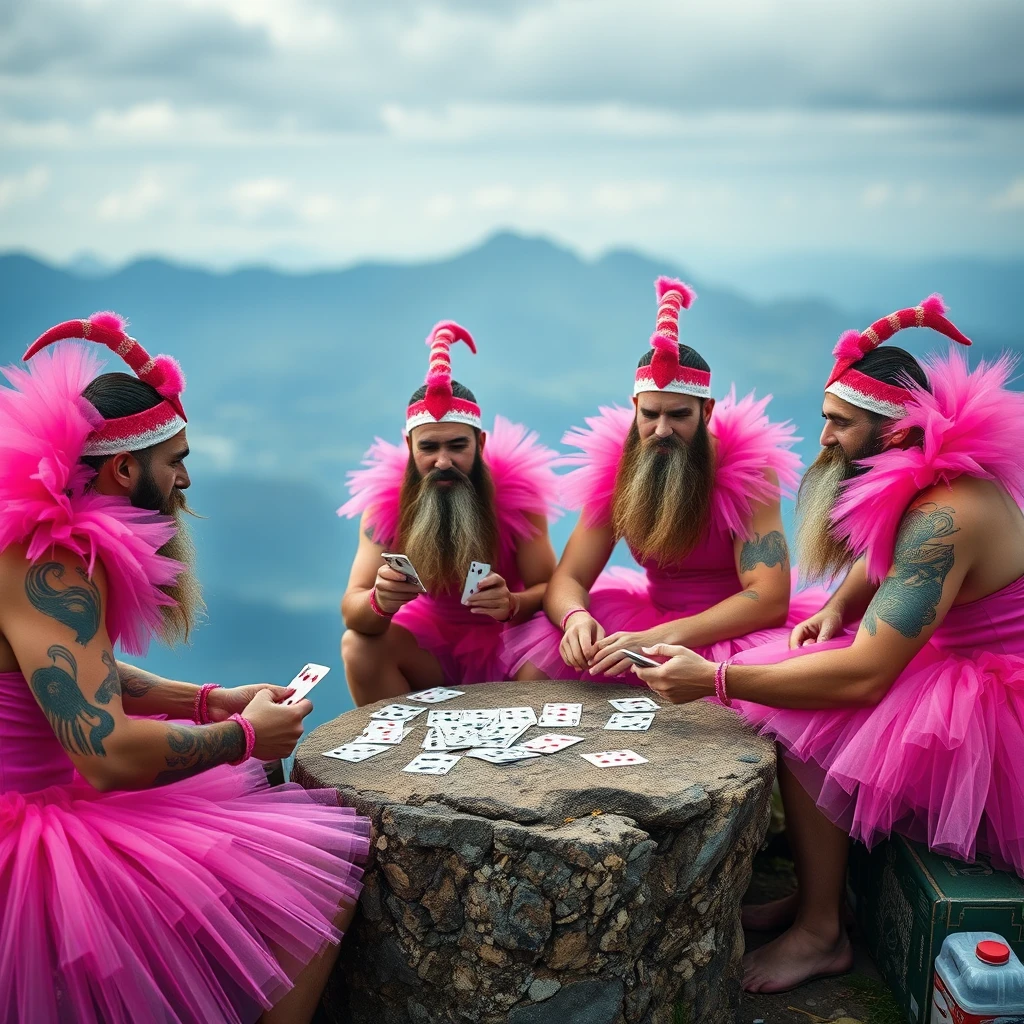 Bearded men in pink tutus playing cards on a mountain