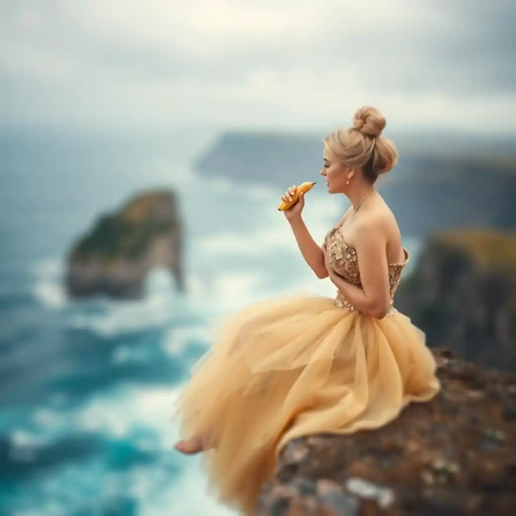 Woman in a ball gown eating a banana above stormy sea