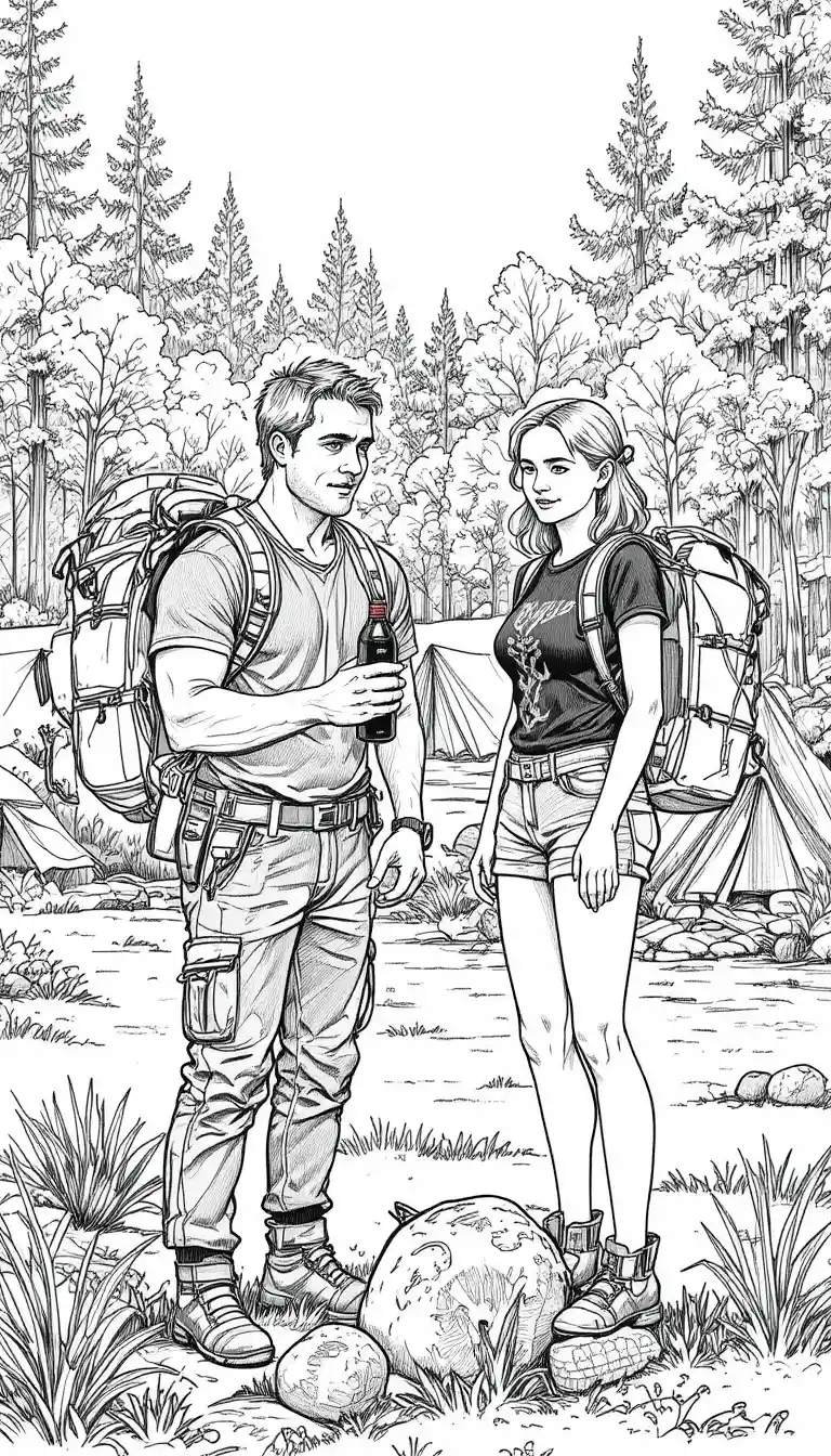 Hikers Talking At A Sunny Forest Campsite