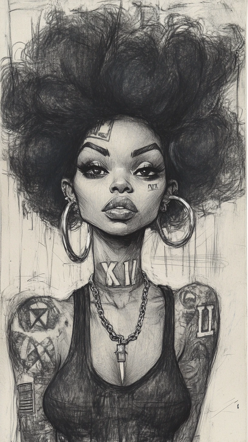 Stylized charcoal portrait of woman with exaggerated afro hair