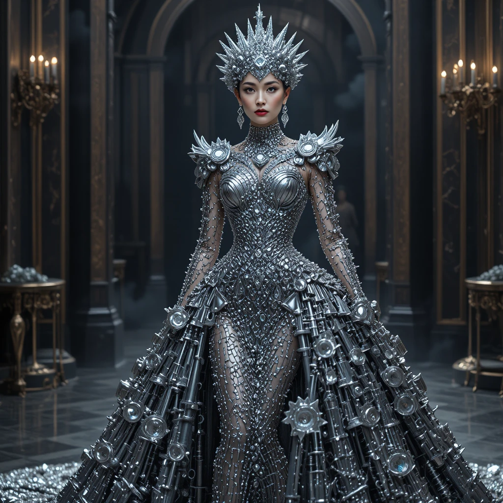 Woman in surreal screw couture gown in dark studio