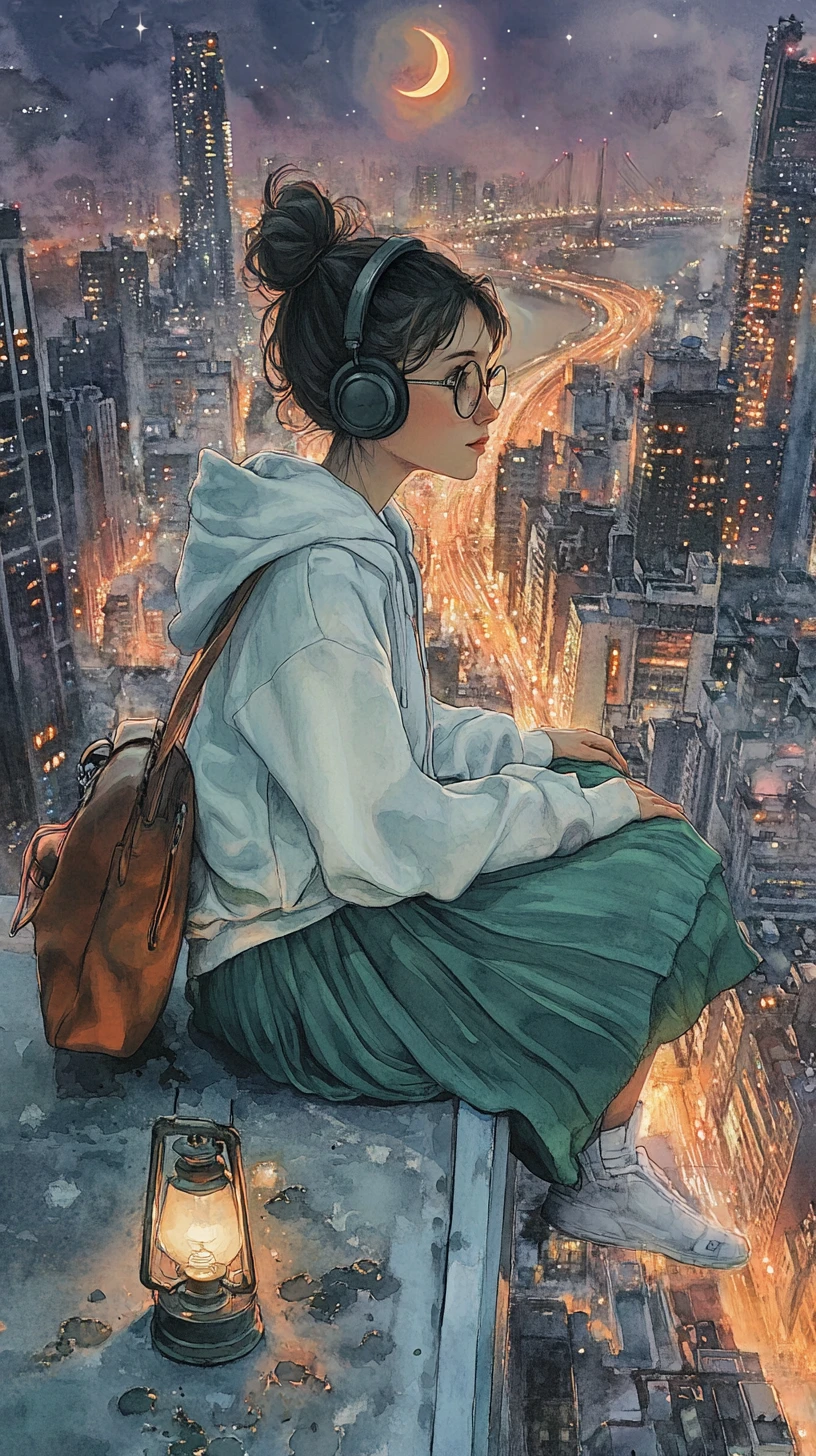 Girl with headphones relaxing on a lantern lit rooftop