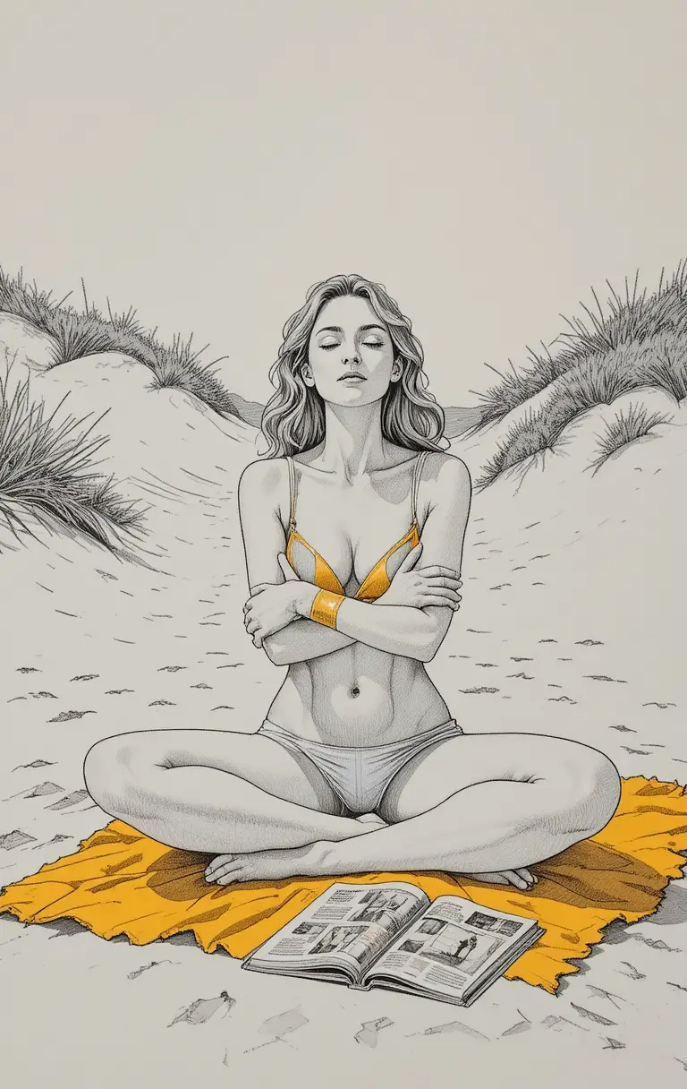 Young woman meditating on a sunny sandy beach