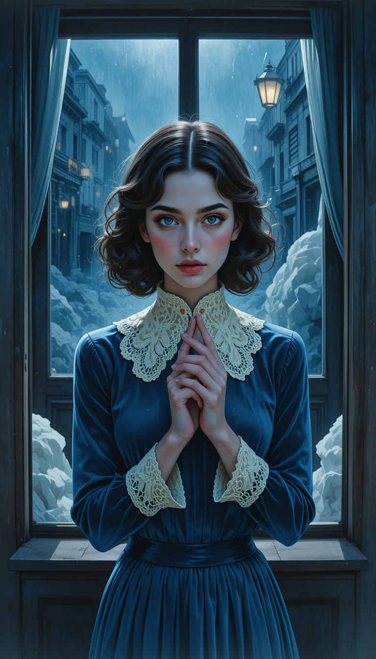 Young woman by a frosted window in a vintage room