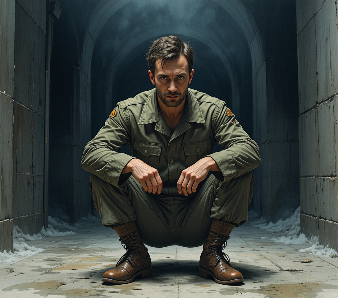 Exhausted soldier standing alone in a bleak military room