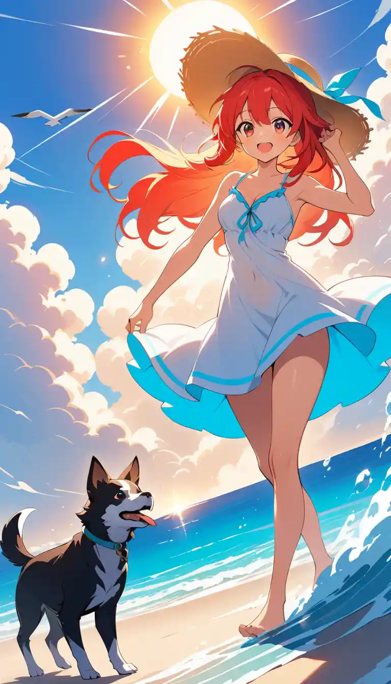 Anime girl walking with dog on a bright summer beach