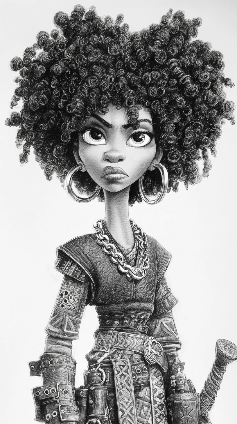 Caricature portrait of a warrior woman with massive afro hair