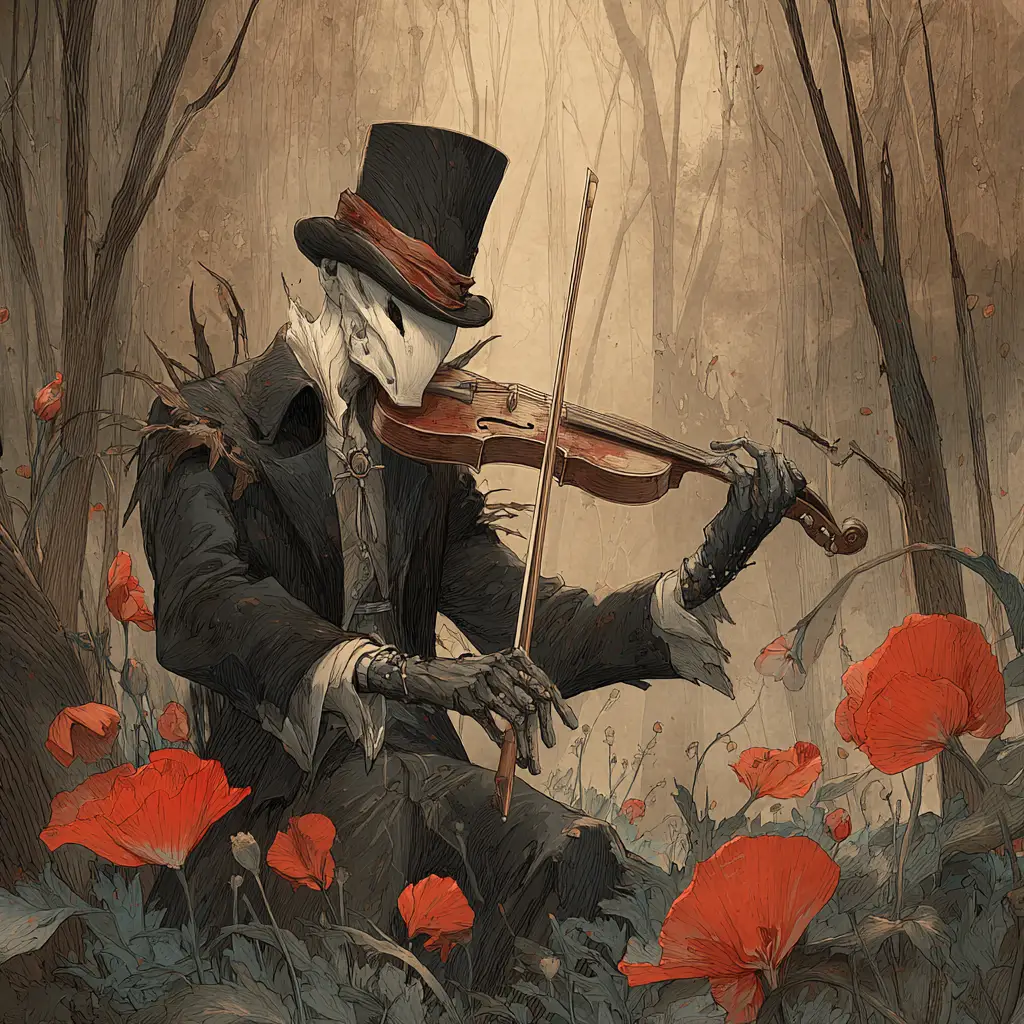 Ghostly man playing violin with giant insect in forest