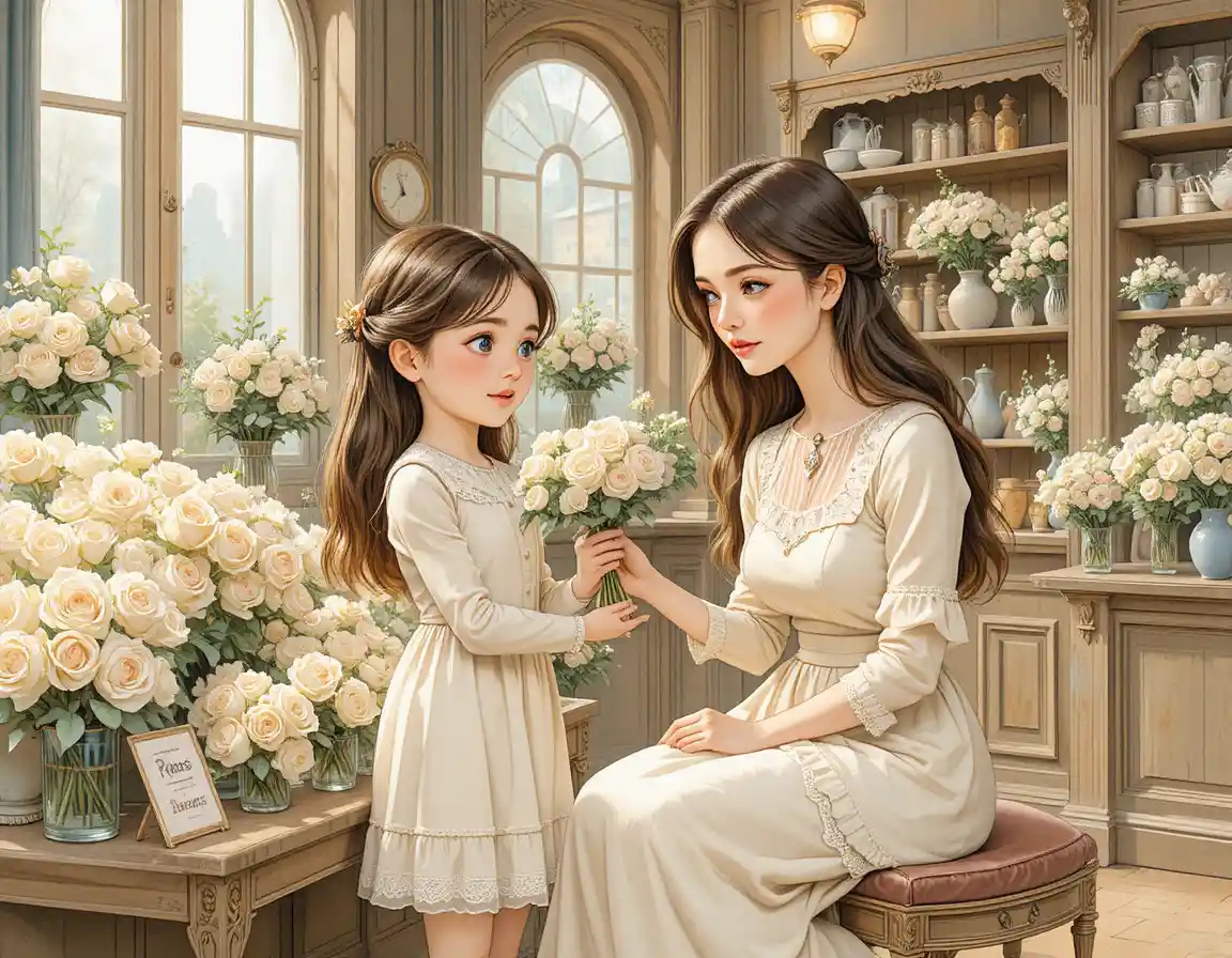 Young girl offering white roses to her loving mother