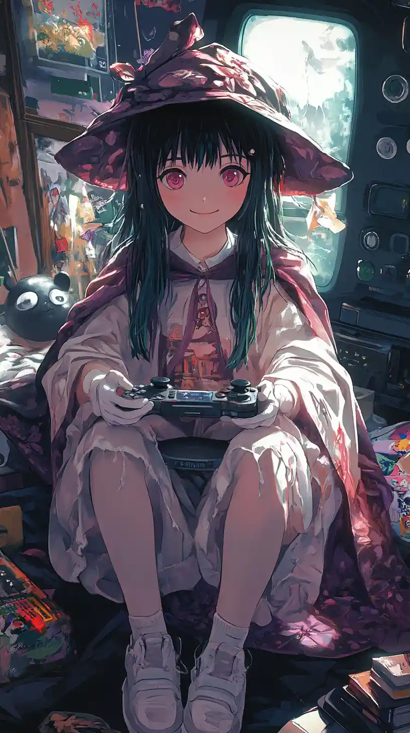 Joyful anime girl gaming on a couch at Halloween party