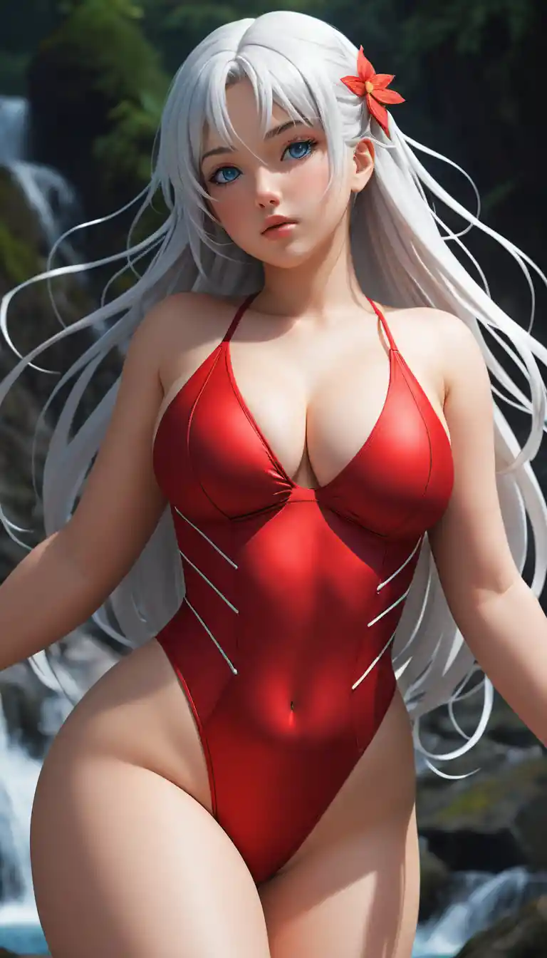 Eroina anime formosa in costume rosso e body a rete