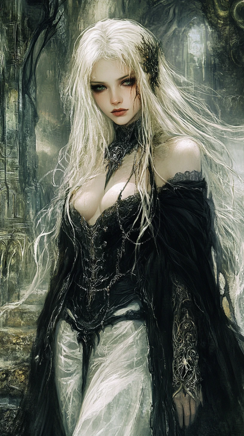 White haired gothic fantasy woman in steampunk city